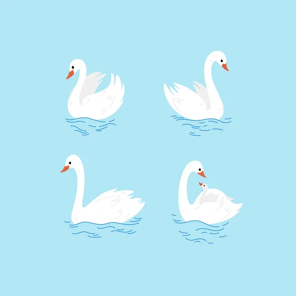 Desenhos Animados Cisne Ícone Linha Esboço Conjunto Ícones Aves Ute —  Vetores de Stock