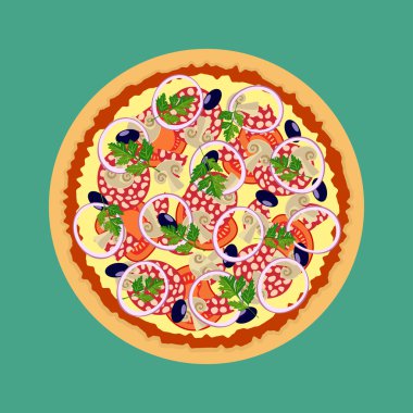 Pizza. Domates mantar soğan ve zeytin