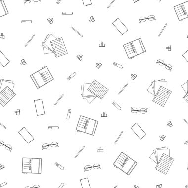 Kırtasiye malzemesi pürüzsüz desen. Vektör çizgisi çizimi