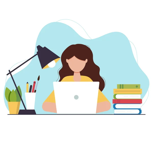 Laptopos Lány Tanul Vagy Dolgozik Asztal Könyvekkel Lámpával Vektor Illusztráció — Stock Vector