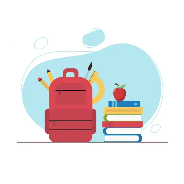 Rucksack Mit Schulsachen Bleistiften Büchern Und Apple — Stockvektor
