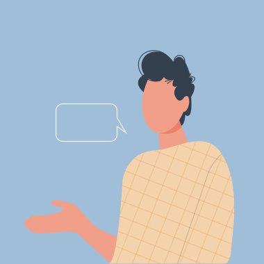 Konuşma balonu olan genç bir adam. Karşınızda el hareketi. Çocuk bir şey gösteriyor. Sorun çözme, tartışma ve bilgi. Vektör düz resimleme.