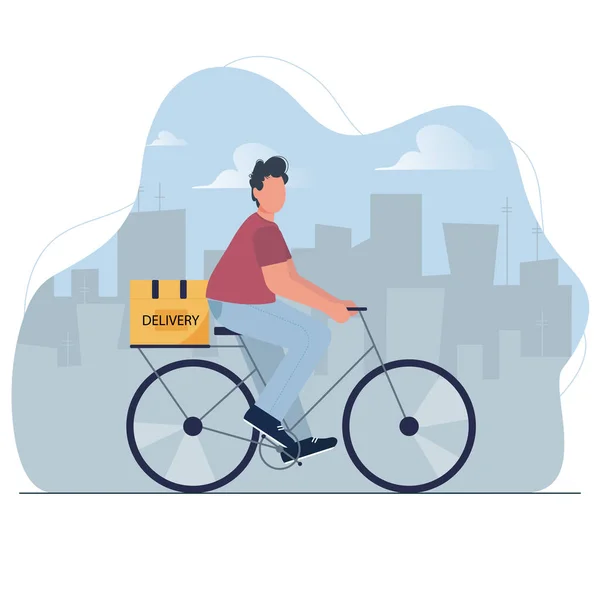 Courrier Vélo Avec Boîte Colis Service Livraison Express Transport Écologique — Image vectorielle