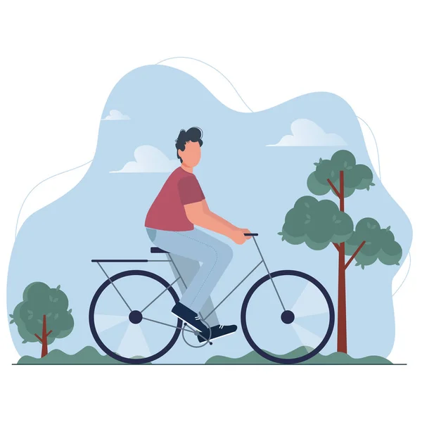 Молодой Человек Велосипеде Среди Деревьев Велосипедист Практикующий Активную Экологическую Жизнь — стоковый вектор