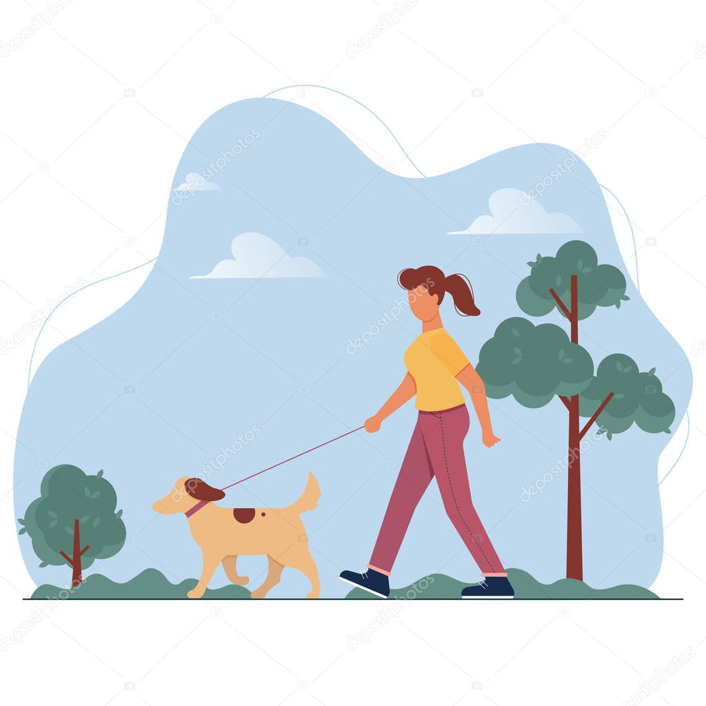 Young woman with dog on leash walking in public city park. Girl spending time with pet in forest. Lady promenades with animal among trees.