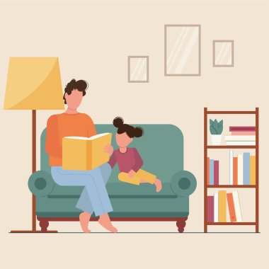 Baba ve kızı, birlikte kitap okuyorlar, kanepede oturuyorlar. Babası sandalyesinde çocuğu olan bir çocuk. Çocuklu bir ebeveyn. Aile eğitimi, öğrenim, öğrenim, evde eğitim.