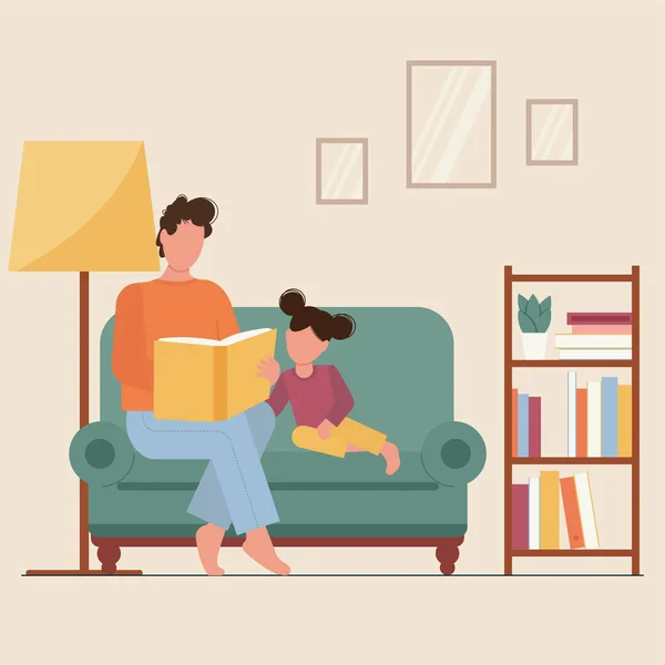 Baba Kızı Birlikte Kitap Okuyorlar Kanepede Oturuyorlar Babası Sandalyesinde Çocuğu — Stok Vektör