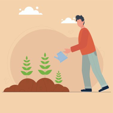 Erkek bahçıvan çiçek sulama yatağı. Sulama kabı olan çiftçi. Kırsal yaşam, tarım, ekilen ağaçlar, çiçekler, sebzeler, tohumlama.