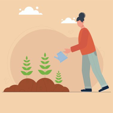 Bahçıvan kız çiçek sulama yatağı. Su bidonlu çiftçi kadın. Kırsal yaşam, tarım, ekilen ağaçlar, çiçekler, sebzeler, tohumlama.