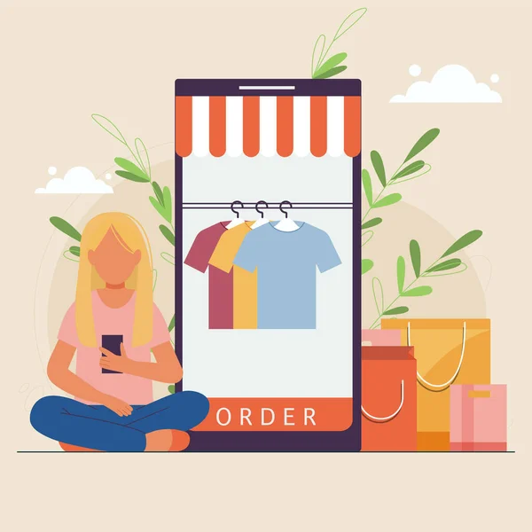 Girl Ordering Clothes Smartphone Shopping Online Home Buying Wear Internet — Stock Vector