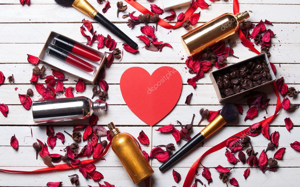 Makeup cosmetics and heart shape toy 
