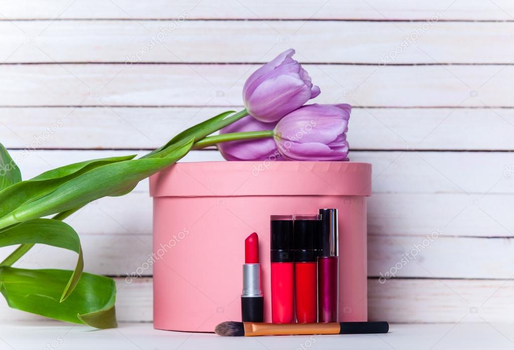 tulips, cosmetics and present box
