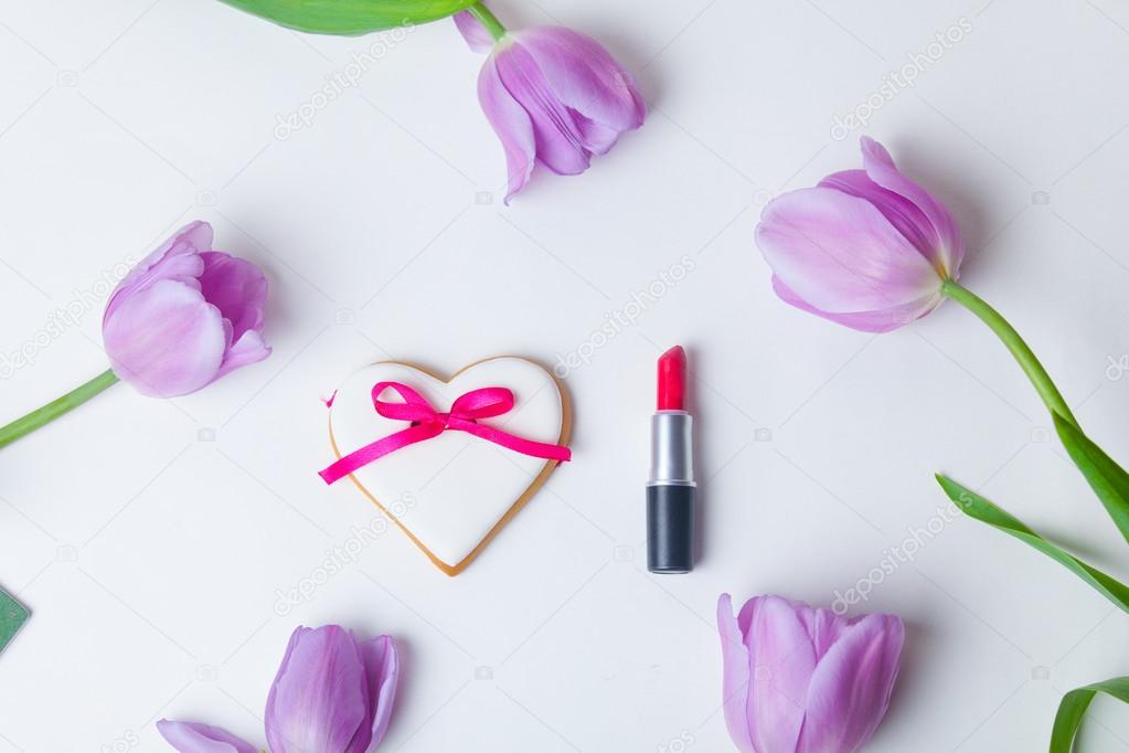 tulips, cookie and lipstick