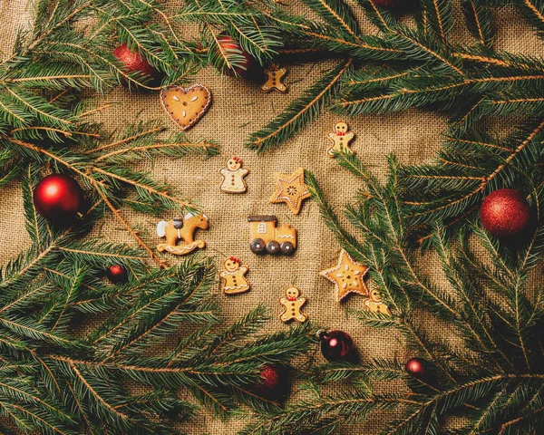 Branches Boules Arbre Noël Comme Décration Côté Biscuits Sur Fond — Photo