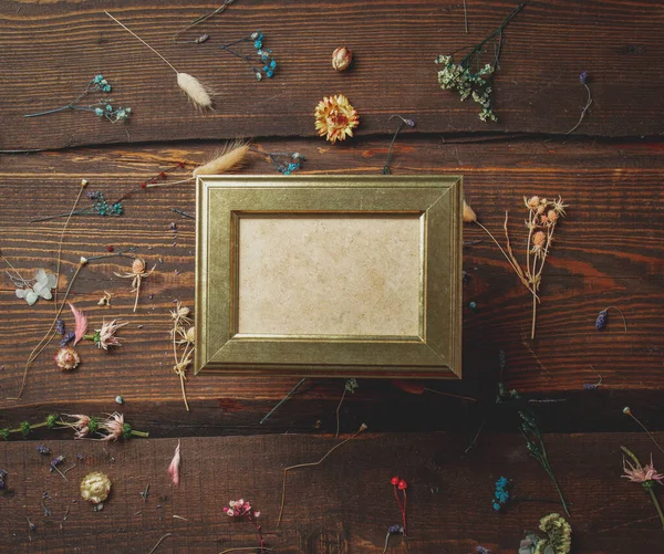 Vintage Photo Frame Next Dry Herbs Wooden Table — Stock Photo, Image