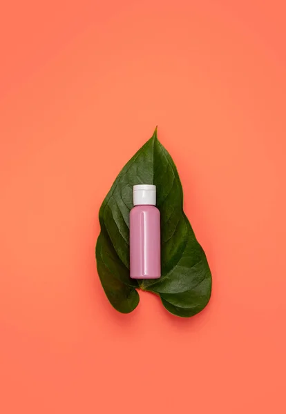 Косметична Пляшка Пальмовий Лист Рожевому Фоні — стокове фото