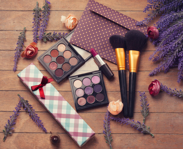 Cosmetics with lavender flowers