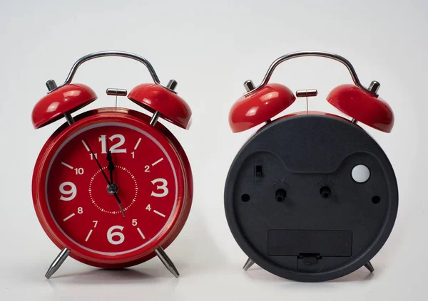 Red Alarm Clock Seen Front Back Isolated White Background — Stock Photo, Image