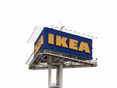 Mavi ve Sarı logolu Ikea Billboard, 4 Ocak 2026 tarihinde Endonezya 'nın Jakarta şehrinde beyaz arkaplanı izole etti.