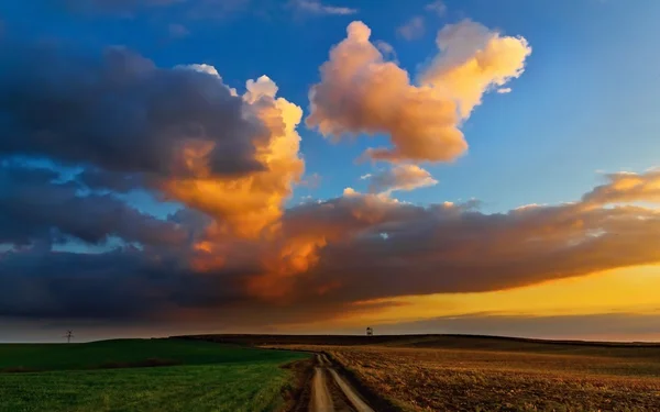 Güzel günbatımı alanları renkli bulutlar ve toprak yol