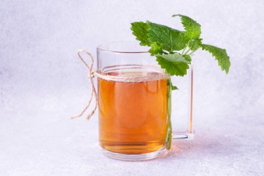 Bir nane dalı beyaz arka planda bir bardak çaya bağlıdır..