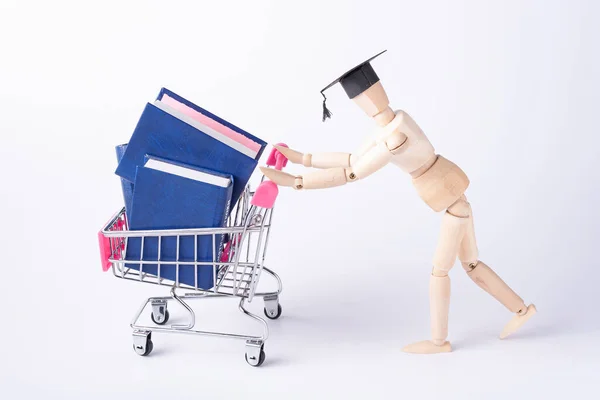 Homme Bois Dans Chapeau Étudiant Portant Chariot Avec Des Livres — Photo