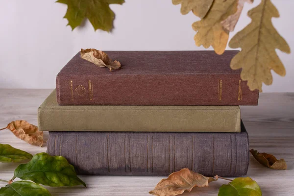 Books Autumn Leaves Lie Table — Stock Photo, Image