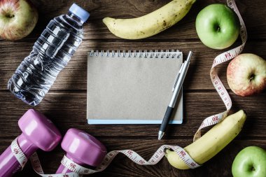 Sağlıklı beslenme, fitness ve kilo kaybı concept, mezura, b