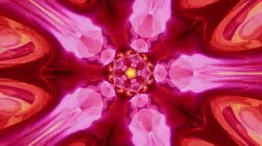4K 3D kusursuz döngü pembe kırmızı turuncu renkli geometrik şekil kaleydoskop mandala soyut arka plan. Dijital arkaplan hareketli sonsuz döngü. Kaleydoskop süslemeli canlandırma.