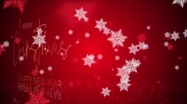 Mutlu Noeller ve mutlu yeni yıl altın harflerinin güzel animasyonları. Kar taneleri akıyor. 4K 3D Noel Yeni Yıl Festivali kapak başlığı Xmas kar tanesi arka planlı.