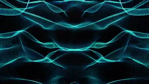 シームレスなネオン青緑の光輝く波 3Dのシームレスなループ抽象的な粒子のメッシュ波 未来的なネオン輝く表面 要旨ミニマリスト運動ループ可能な技術の背景 — ストック動画
