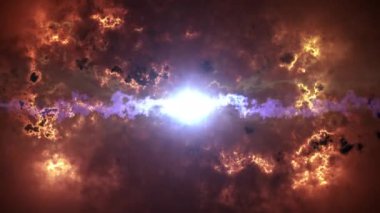 Ortasında ışık patlaması olan soyut duman fırtınası. 4K 3D fırtınalı bulutları atmosferik duman bulutu ve enerji plazma ışık efektiyle bilim kurgu sineması animasyonları için oluşturur.