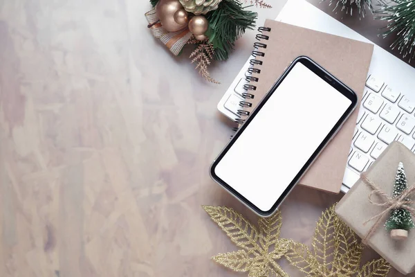 Mockup Vierge Écran Blanc Smartphone Sur Fond Bureau Maison Pour — Photo