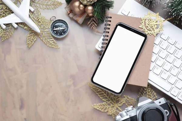 Mockup Vierge Écran Blanc Smartphone Pour Noël Nouvel Vacances Voyage — Photo