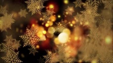 Soyut, bulanık altın bokeh ve düşen altın kar taneleri. Yılbaşı arkaplanı kavramı. 4K 3D döngü. Altın parıltı Noel kutlaması, kar festivali kutlama başlığı.