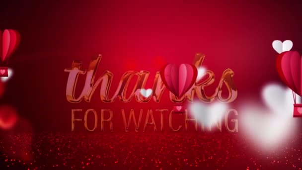 4K无缝线金发碧眼的感谢观看与美丽的心脏和气球漂浮在红色的背景 情人节 浪漫的3D电影片尾 — 图库视频影像