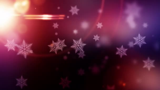 美丽的雪花和五彩斑斓的照明灯泄露和光学照明灯的飞行背景 4K无缝循环动画背景 圣诞快乐 — 图库视频影像