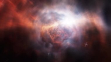 Uzayda kozmik yıldız tarlalarıyla cennette seyahat eden soyut, pürüzsüz bir döngü. 4K 3D astronomi galaksisi fantezi uzay-zaman soyut ışık hareketi araştırması. Galaksi bulutları arasında sonsuz uçuş. 