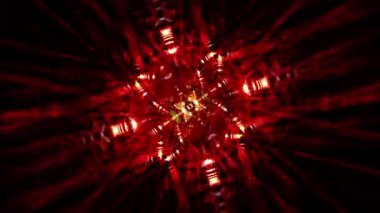Parlayan kırmızı turuncu altın rengi elektronik ışık dönüşümlü soyut bilim kurgu tünel transformatörü. 4K döngülü yüksek teknoloji geçmişi. Siber uzay veya ileri teknoloji efekt elementi biçiminde arkaplan.