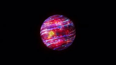 Etrafta dolaşan kırmızı mavi dijital çizgileri olan soyut, kusursuz, sihirli plazma atomik küre. Bilim kurgu enerji atomu alfa kanalı Quicktime Prores 444 ile izole edildi. 4K 3D dijital fütürist sanat topu.