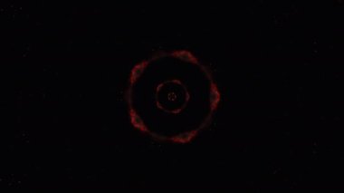 Soyut Kaleydoskopik Döndürme Patlaması. 4K 3D Ateşli kırmızı mandala siyah arka planda patlıyor. Sihirli, bilim, teknoloji ve moda için sanatsal bir süs. Simetrik Desen Patladı Yayılma Kavramı.