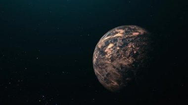 Soyut uzay keşifleri asteroitlerin yanından geçerek uzayda sonsuz galakside yakan bulutlarla birlikte gezegenimizin yörüngesinde uçar. 4K 3D hayali uzaylı gezegen. Uzay Sahnesindeki Soyut Gizemli Uzaylı Gezegeni.