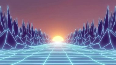 Geçmişe dönük fütürist arka plan 80 'ler tarzı. 4K 3D kusursuz döngü Retrowave Peyzaj VJ Animasyonu. 90 'ların stil Retro fütüristik geçmişi. VHS kaset arcade vintage video oyunu giriş manzarası