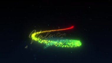 Sevgililer Günün kutlu olsun 4K 3D Animasyon Sihirli Sinema Karavanı Başlığı Arkaplan Kavramı. Sevgililer Günü 'nüz kutlu olsun. Arka planda uçan sihirli toz parçacıkları olan altın metinler..