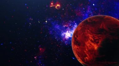 4K 3D görüntüleme Evren 'i kırmızı derin uzay gezegeni, uzayda yıldızlar ve galaksiler mavi bulutsuyla kaplıyor ve uzay keşiflerinin güzelliğini gösteriyor. Soyut bilim kurgu filmi başlığı.