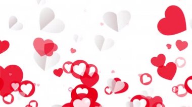 Yüzen Kırmızı Kalpler ve Beyaz Kalpler Beyazların Arkasında. 4K 3D kusursuz döngü Sevgililer Günü animasyon konseptin kutlu olsun. Sevgililer Günü için döngü şablonu, Anneler Günü, düğün partisi, aşk geçmişi..