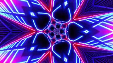 Soyut neon lambaları kusursuz döngü hareketli grafik animasyon arkaplanı. 4K 3D render müzik festivali neon ışıkları beton arka plan. Parlayan neon ışıklardan oluşan sonsuz renkli döner tünel..