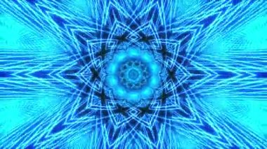 4K 3D Soyut Mavi Neon Işık Mandala Döngüsü Dönen Arkaplan Büyük ekran ve Arkaplan kullanımı için oluşturuluyor. Meditasyon, yoga, rahatlama, gevşeme, VJ döngü müziği için Kaleydoskop deseni.