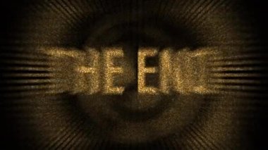 The End golden text animation with gold bokeh burst and spark background. 4K 3D golden glitter light blurs on black, The End elegant title trailer video with shining golden bokeh particles.