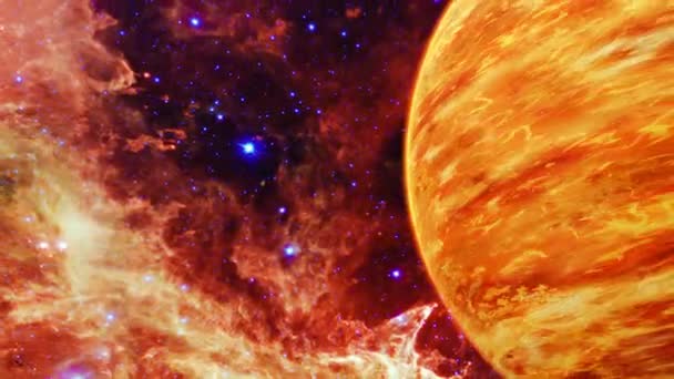 Abstract Space Exploration Fly Orange Yellow Plasma Storm Planet Outer — Vídeo de Stock